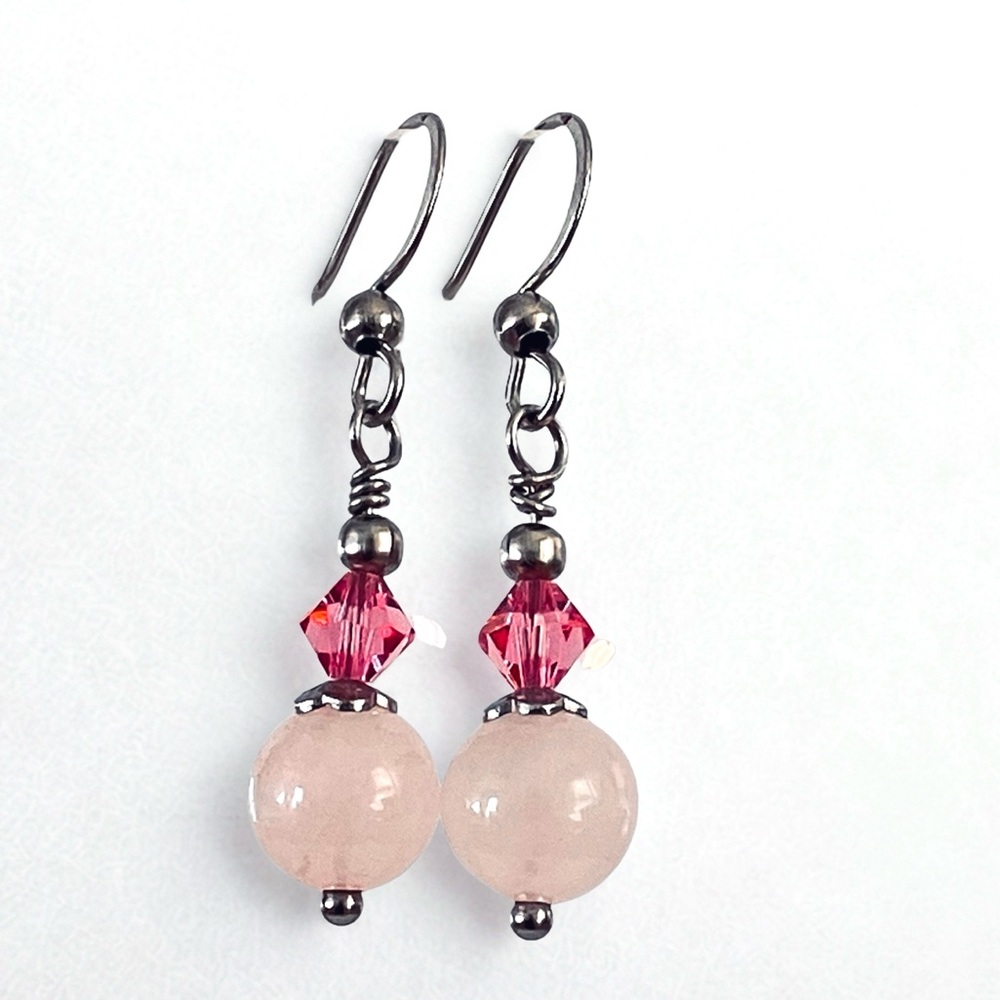 Rose quartz and sparkling pink crystal Dangle Earrings in Stainless Steel